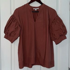 CHICO’S Brown Short Puff Sleeve top with Slit Neck Size 1.5  U.S. 10
